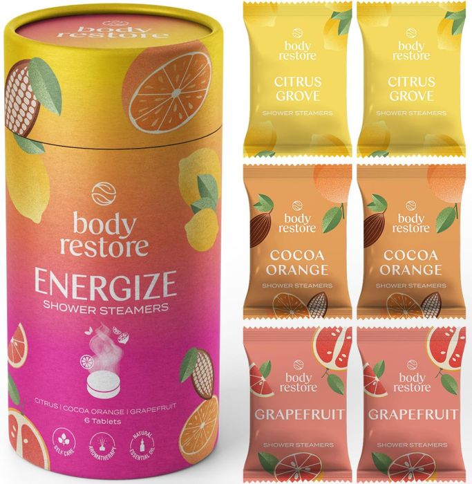 Body Restore Energize Shower Steamers in refreshing citrus, cocoa orange, and grapefruit scents, each individually packaged for convenience.