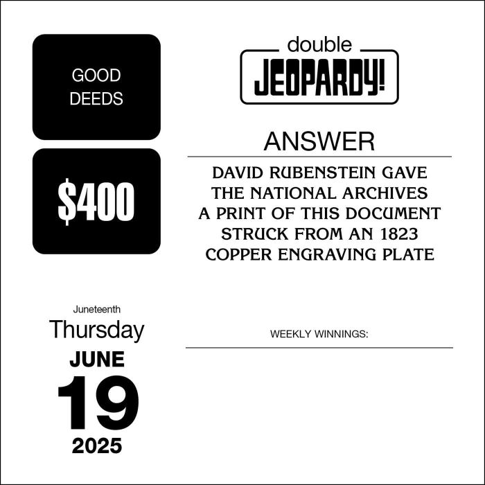 Jeopardy! clue about David Rubenstein gifting a print of an 1823 document to the National Archives. Date shown: June 19, 2025.