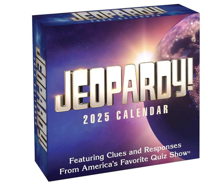 2025 Jeopardy! calendar box featuring text:
