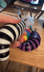 A GIF of a reviewer playing with a black and white striped slug toy.