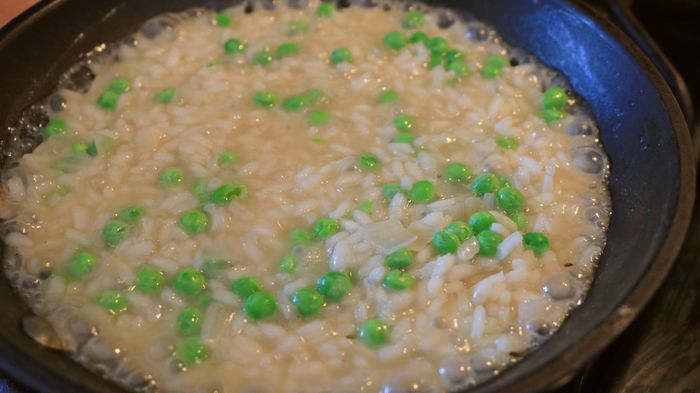 Risotto finishing up in a pan, ready for its final touches.