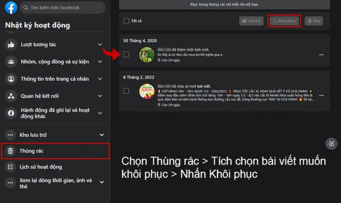Cách khôi phục, lấy lại bài viết đã xóa trên Facebook từ máy tính một cách dễ dàng
