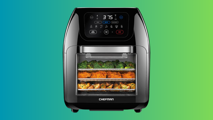 Chefman Air Fryer against a vibrant gradient backdrop