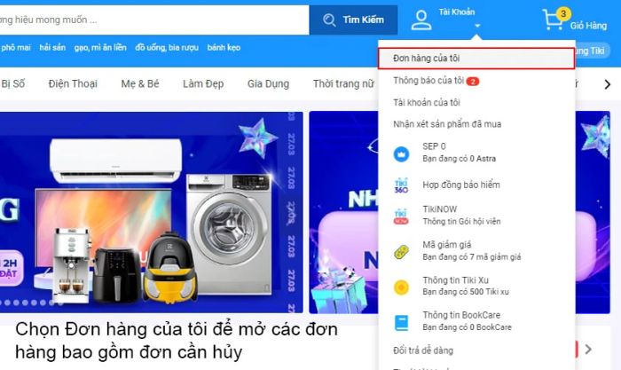 Hướng dẫn hủy đơn hàng Tiki trên máy tính