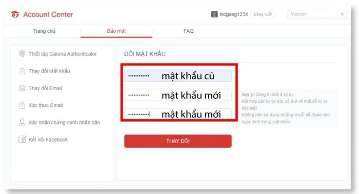 Nhập mật khẩu mới vào ô trống