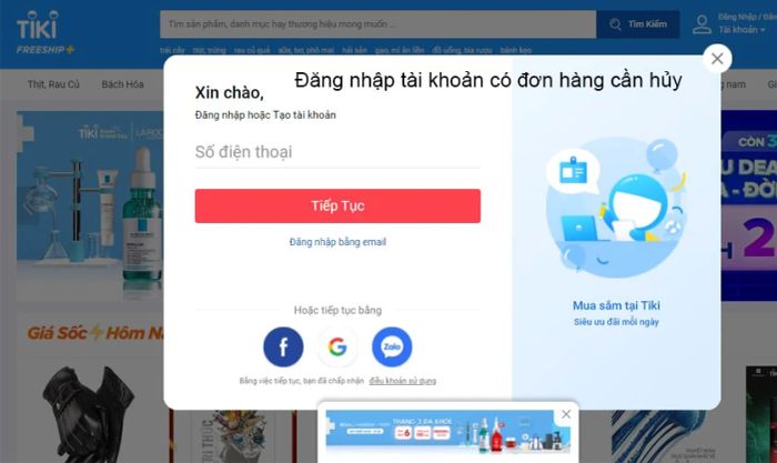 Hướng dẫn hủy đơn hàng Tiki trên máy tính