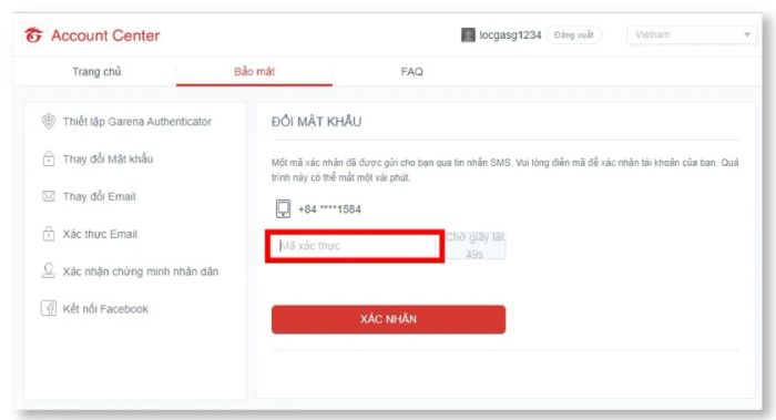 Nhập mã xác thực gửi qua SMS từ điện thoại