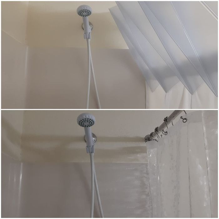 A reviewer's photo comparing their old shower liner with the new expanding version, clearly showing how the top of the new liner curves away from the shower head.