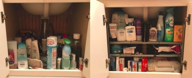 Reviewer photo showing before and after shots of the shelf installed in the cabinet under the sink. On the left, cluttered supplies everywhere; on the right, supplies neatly organized on three differently-sized shelves, with more room added.