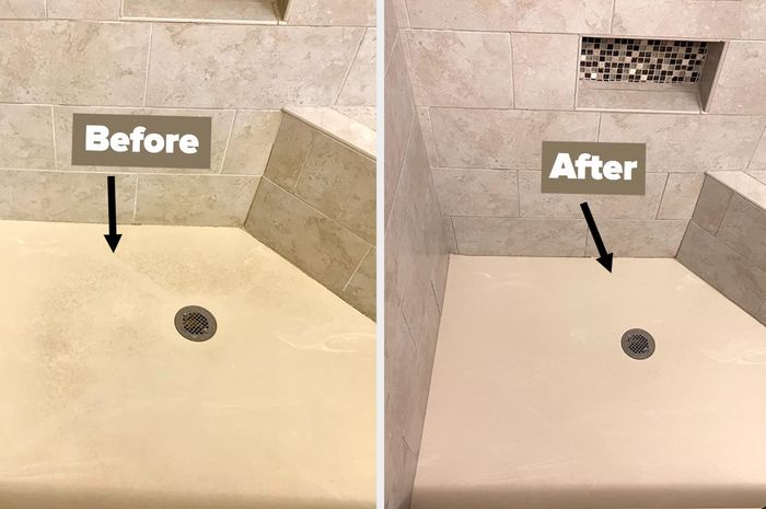 Reviewer image showing a before-and-after comparison of a dirty, stained shower and the same shower after cleaning