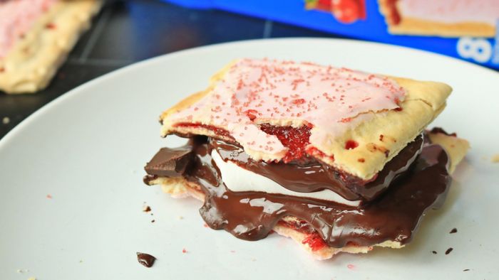 A close-up shot of a s'more made with a Pop-Tart.