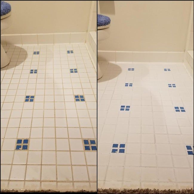 A reviewer's before-and-after photo of their white and blue tiles, showing the first with dingy grout and the second with the grout perfectly white and clean.