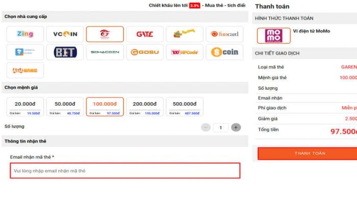 Hướng dẫn cách mua thẻ Garena trực tuyến