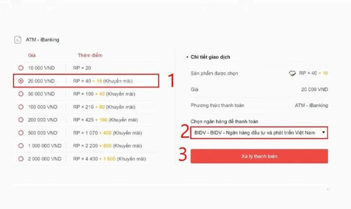 Nạp thẻ Garena qua hình thức chuyển khoản ngân hàng