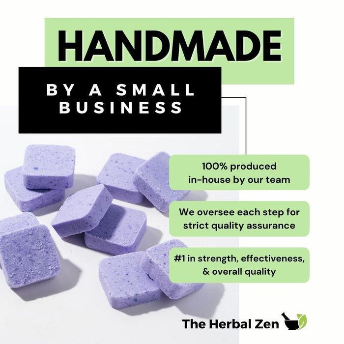Purple bath bombs with text: