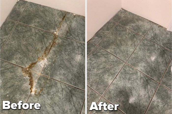 On the left, you see a tile floor with a stain, while on the right, the same floor has been cleaned and restored to its original appearance.