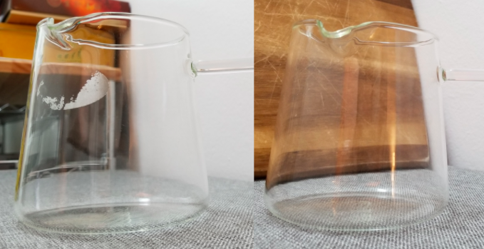 Before: a cup with sticker residue; after: a cup with no residue