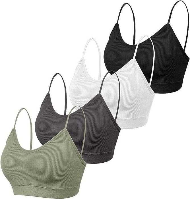 the black, white, charcoal, and forest green bras