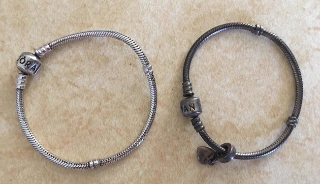 Right: A tarnished, dark grey bracelet; Left: A shiny, restored silver bracelet