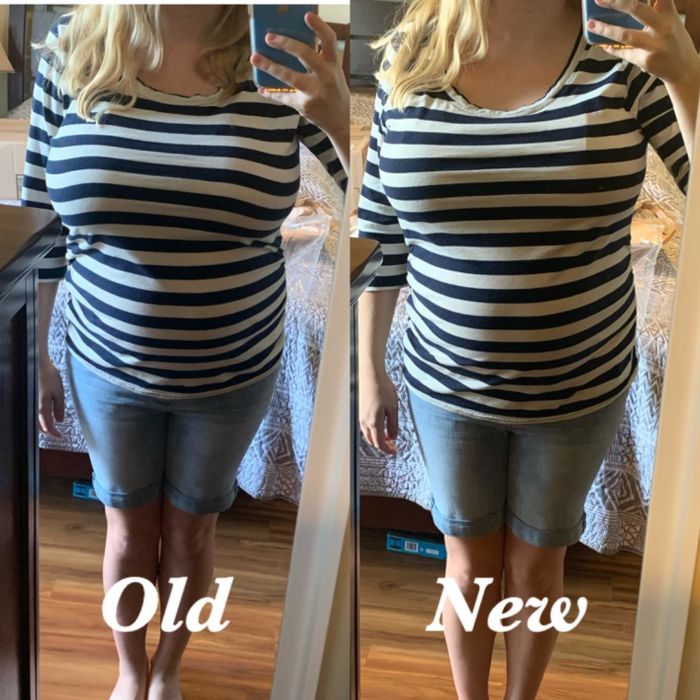 A reviewer, dressed in a striped shirt and shorts, poses for two side-by-side mirror selfies, comparing two bras marked as 