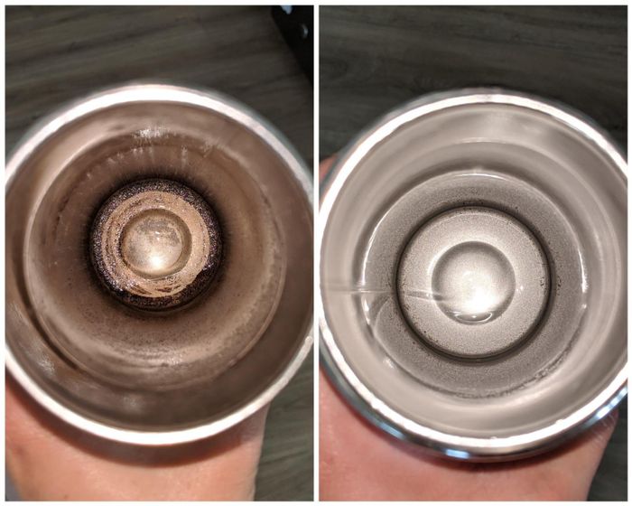 A reviewer's coffee tumbler shown before and after using Bottle Bright tablets
