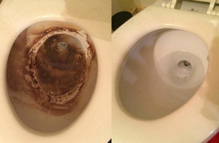 A reviewer’s photo showing the dramatic difference between an extremely dirty toilet and a freshly cleaned one