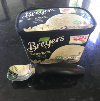 The ice cream scoop placed beside a carton of vanilla ice cream.