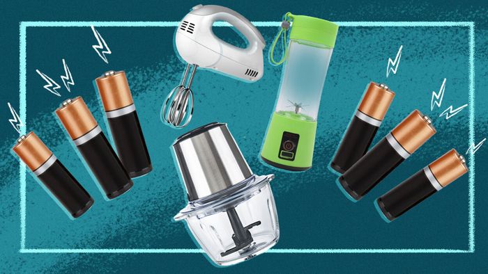 An illustration showing various handheld kitchen gadgets and batteries floating against a blue backdrop