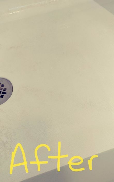 A photo by an Amazon reviewer displaying a clean shower after using the Better Life Natural Tub and Tile Cleaner