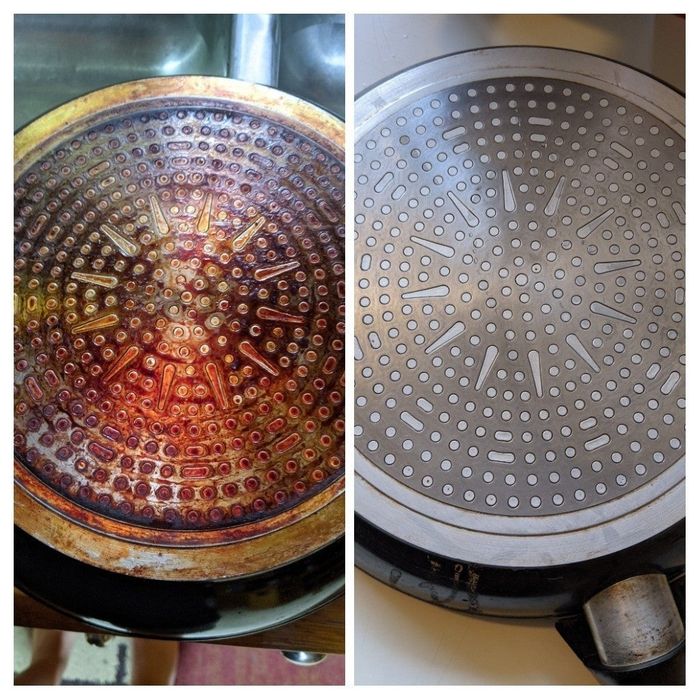 A reviewer's pan with a stained bottom, followed by a shiny, clean pan