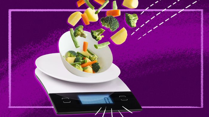 An illustration of a kitchen scale with vegetables floating against a purple backdrop