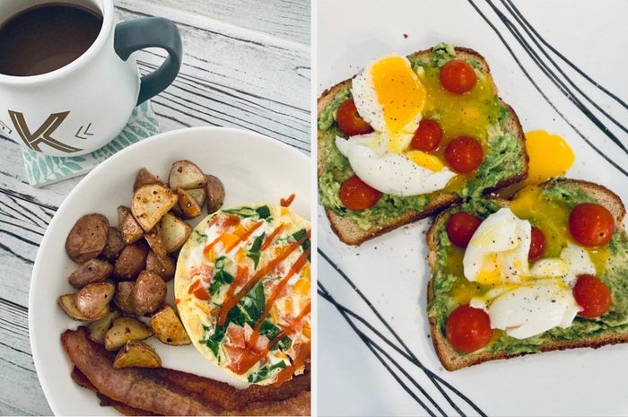 Reviewer photos showcasing an omelette and two poached eggs served on avocado toast.