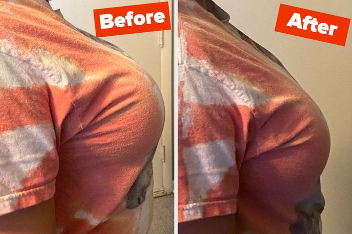 A before-and-after comparison of a reviewer showcasing their bust size before and after wearing the minimizer bra, highlighting the reduction in size.