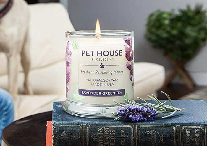 A glowing transparent glass candle in the Lavender Green Tea scent, radiating warmth.
