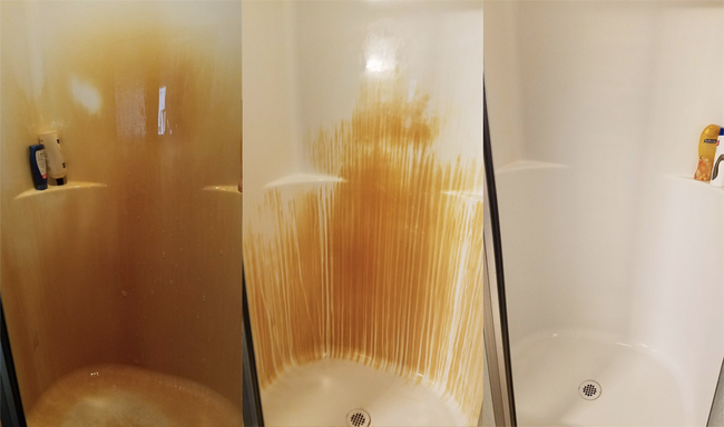 Left: a vibrant orange shower, middle: white streaks where it was sprayed, right: a completely white shower