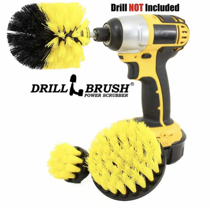 A yellow and black drill brush designed for cleaning bathroom tiles and the tub