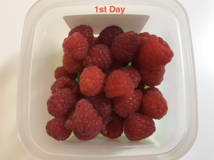 Raspberries on day one.