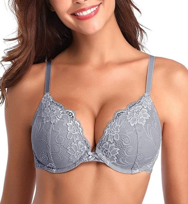 A model showcasing the bra in a stylish grey hue