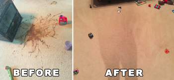 Before: Chocolate stain on carpet. After: No more chocolate stain.