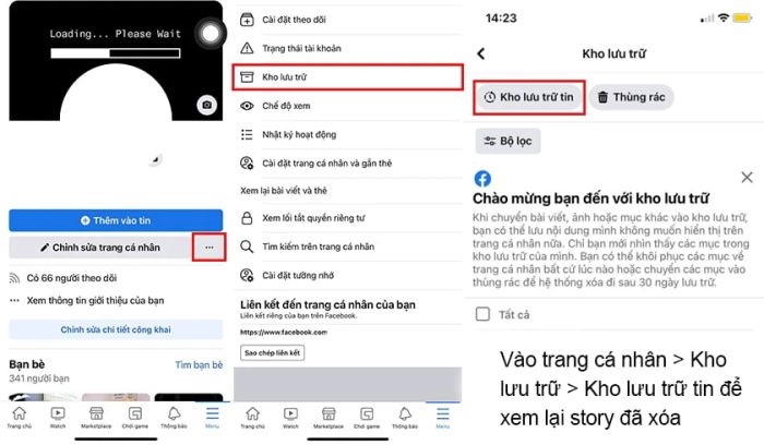 Chọn kho lưu trữ tin để xem lại các story đã xóa
