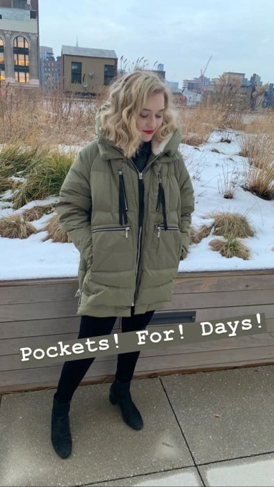 Maitland sporting the coat with the text