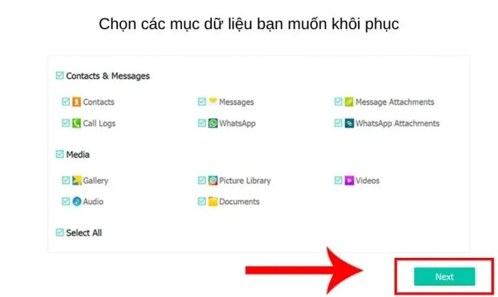 Chọn mục cần khôi phục và nhấn Next để tiếp tục quá trình phục hồi