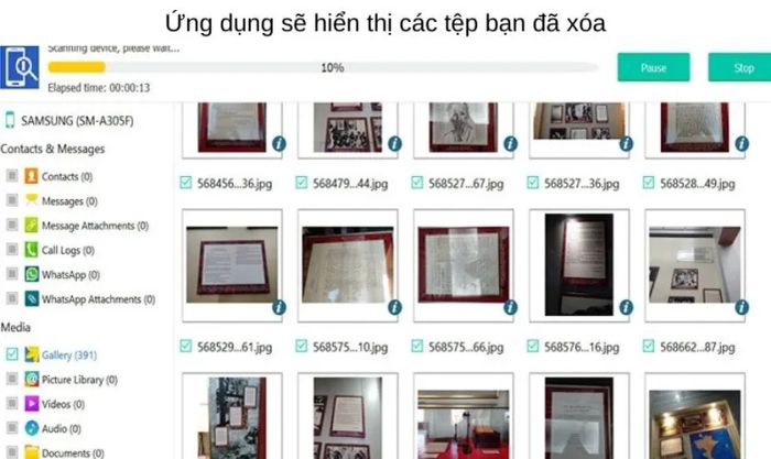 Ứng dụng sẽ tiến hành quét điện thoại và hiển thị các hình ảnh đã xóa.