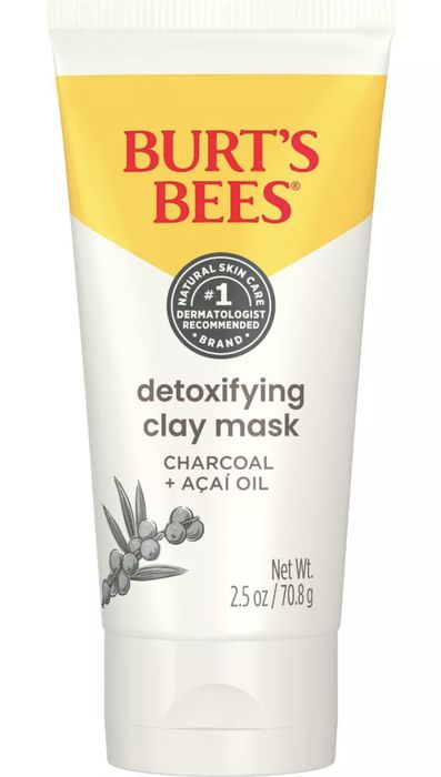 Burt's Bees detoxifying clay mask tube enriched with acai oil, featuring a dermatologist-tested badge on top.