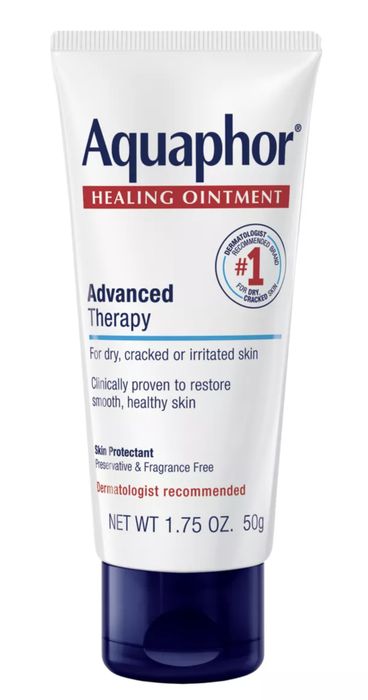 Aquaphor Healing Ointment tube, Advanced Therapy for skin. The text describes the benefits of the product and the available sizes.