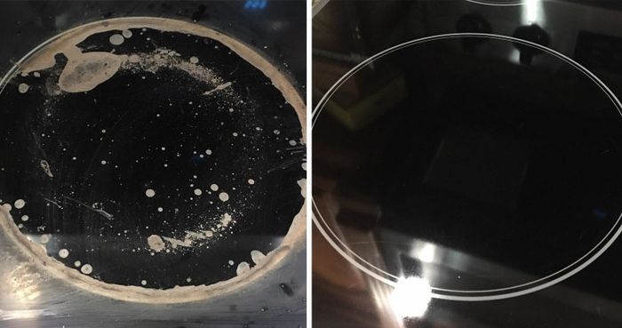 A reviewer demonstrating a glass stove burner covered in grime and buildup, which becomes much cleaner and more polished after using the product.