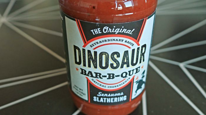Close-up of Dinosaur Bar-b-cue barbecue sauce bottle
