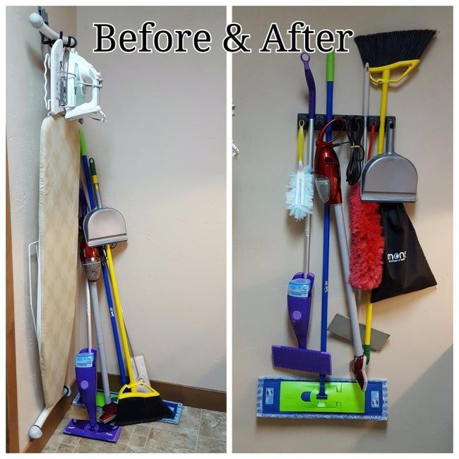 A photo of mops and brooms piled up in the corner before, followed by an after photo where the tools are neatly hung from a wall-mounted organizer.