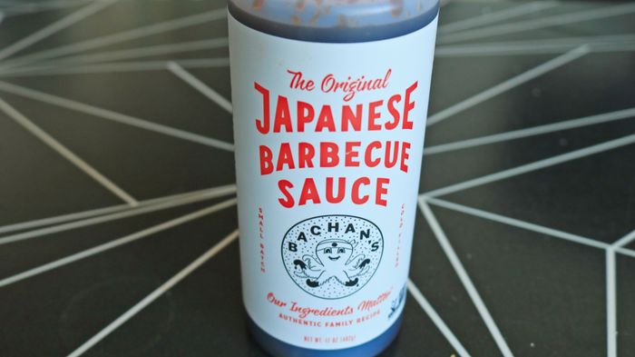 A close-up of a Bachan's barbecue sauce bottle
