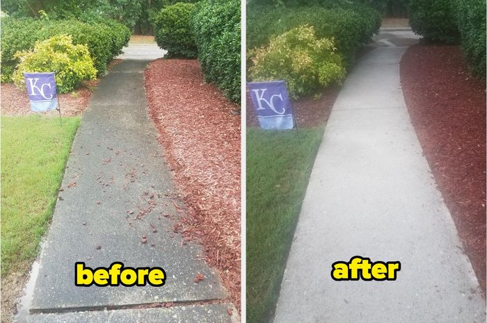 a filthy, stained sidewalk prior to pressure washing, clearly labeled